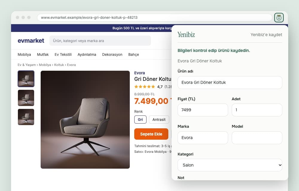 Bir e-ticaret ürün sayfasında Yenibiz eklentisi açık; ürünün adı ve fiyatı listeye kaydedilmeye hazır